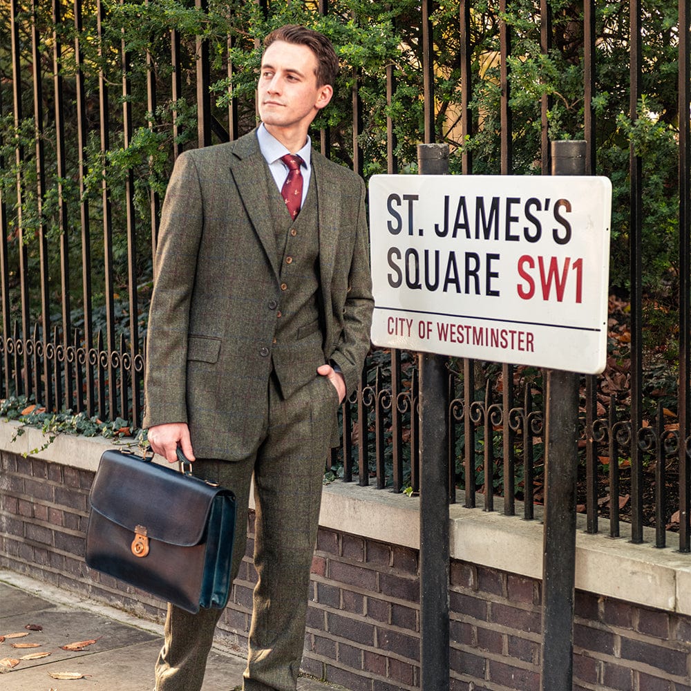 Burnished leather briefcase with brass lock, Harvard, navy, lifestyle