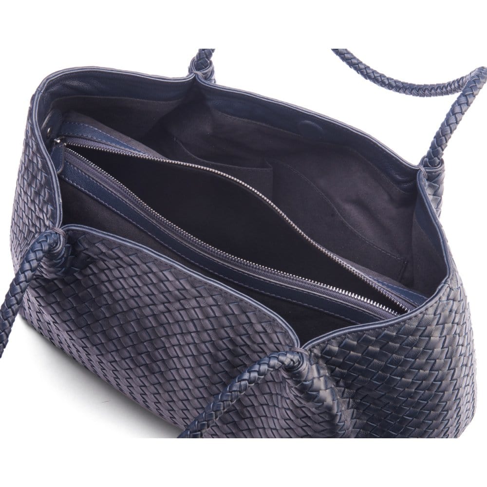 Woven leather slouchy bag, navy, inside