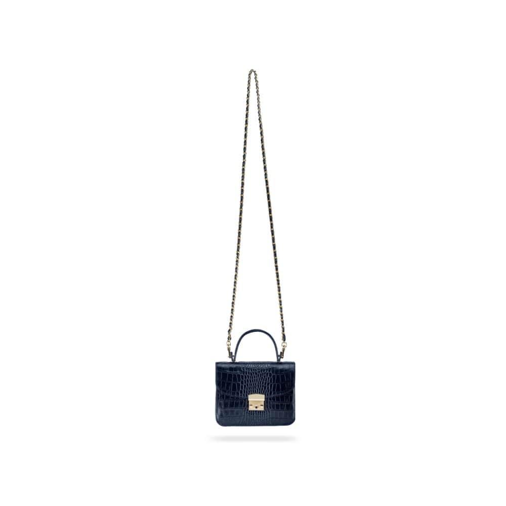 Small leather top handle bag, navy croc