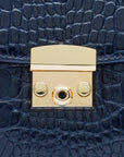 Small leather top handle bag, navy croc, lock close up