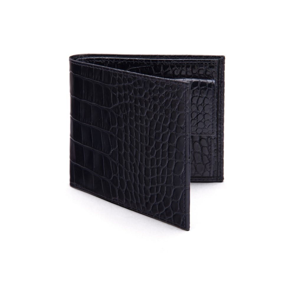 Leather wallet with coin purse, navy croc, front