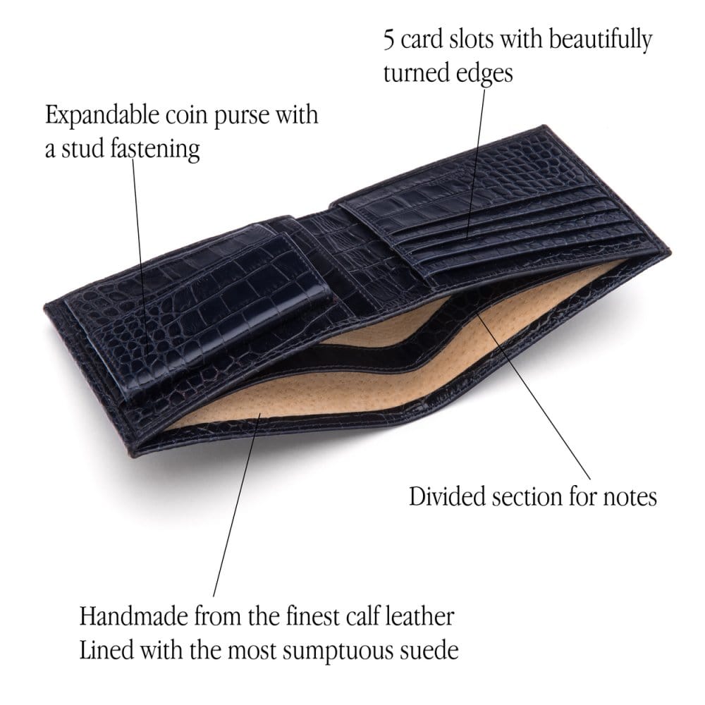 Leather wallet with coin purse, navy croc, features
