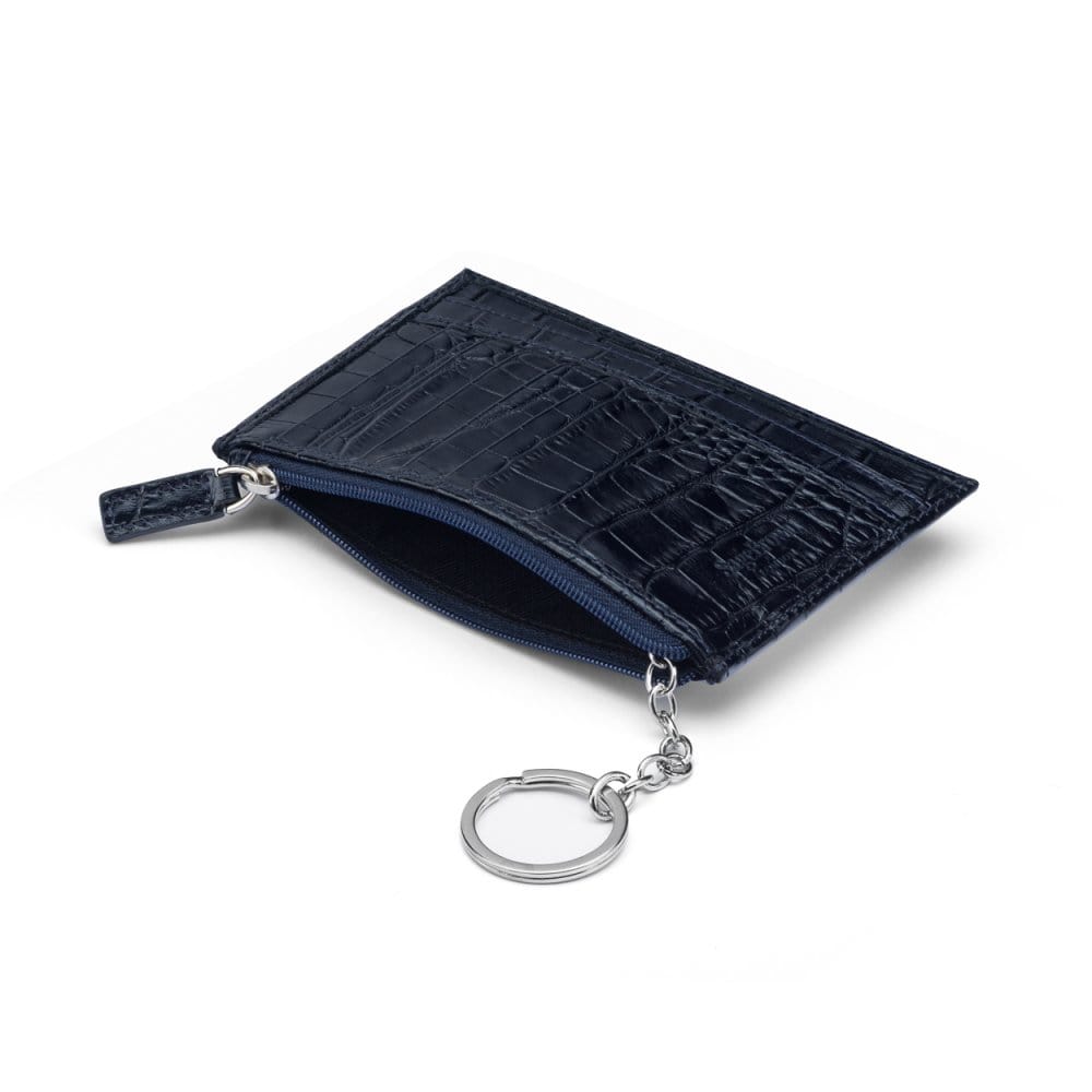 Flat leather card wallet with jotter and zip, navy croc, open