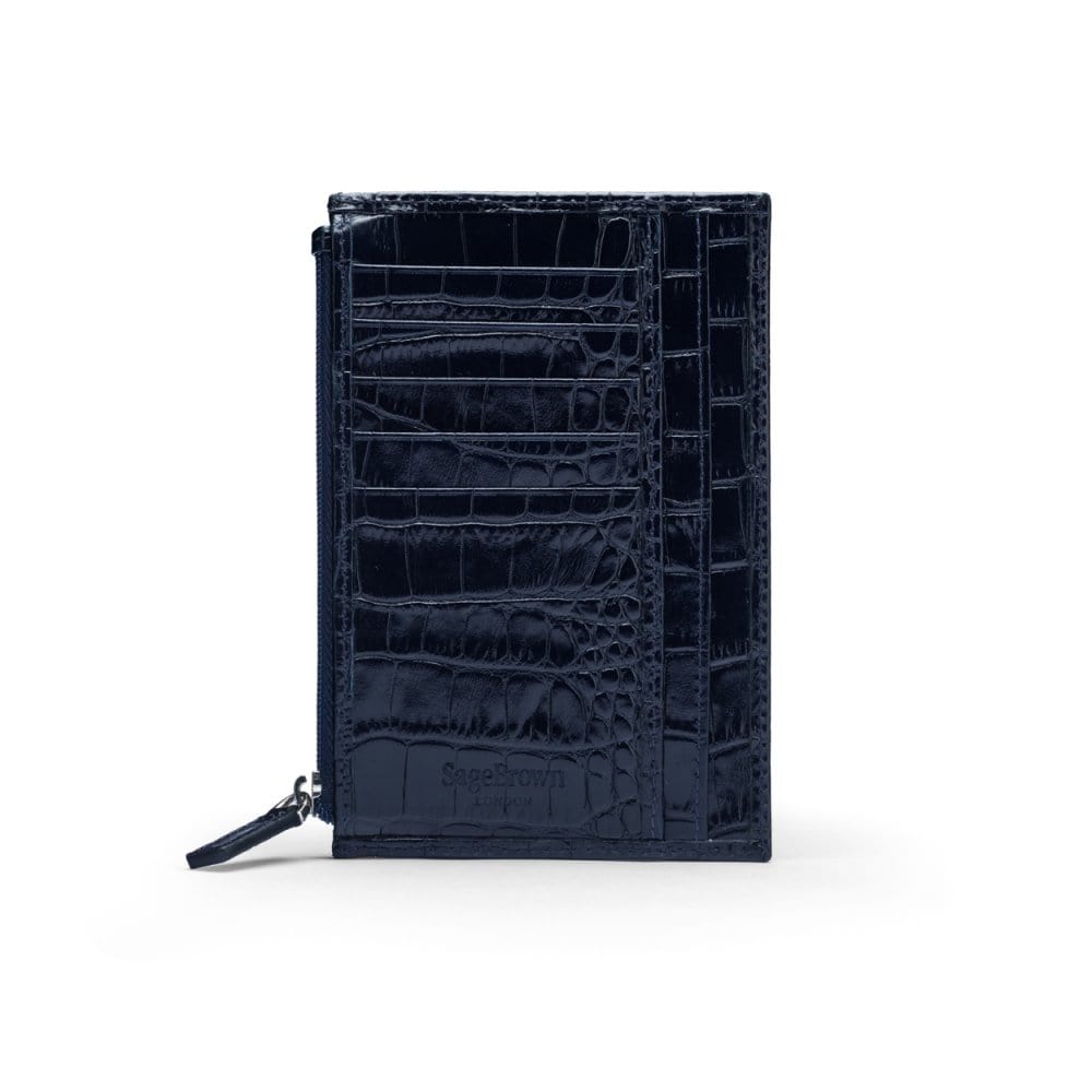 Flat leather card wallet with jotter and zip, navy croc, back