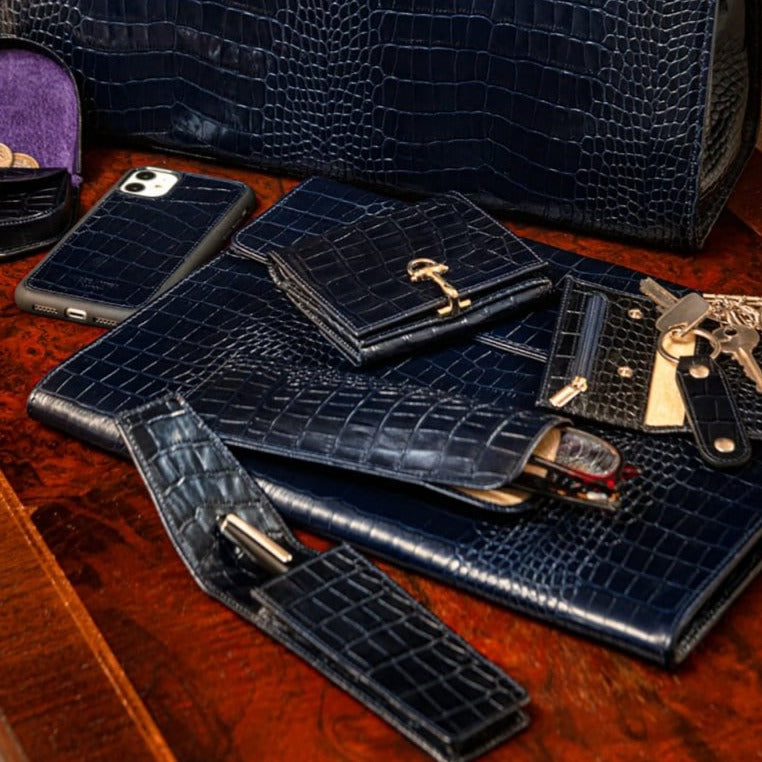 Large leather glasses case, navy croc, lifestyle