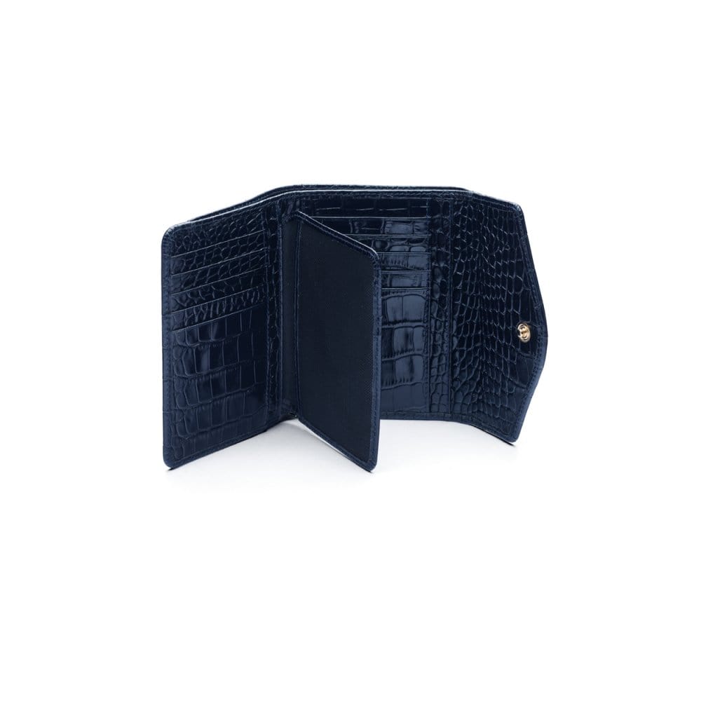 Large leather purse with 15 CC, navy croc, inside