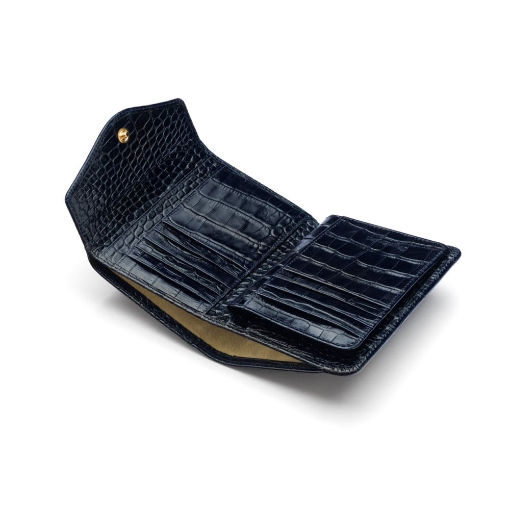 Large leather purse with 15 CC, navy croc, open
