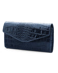 Leather accordion clutch purse with 12 card slots, navy croc, front