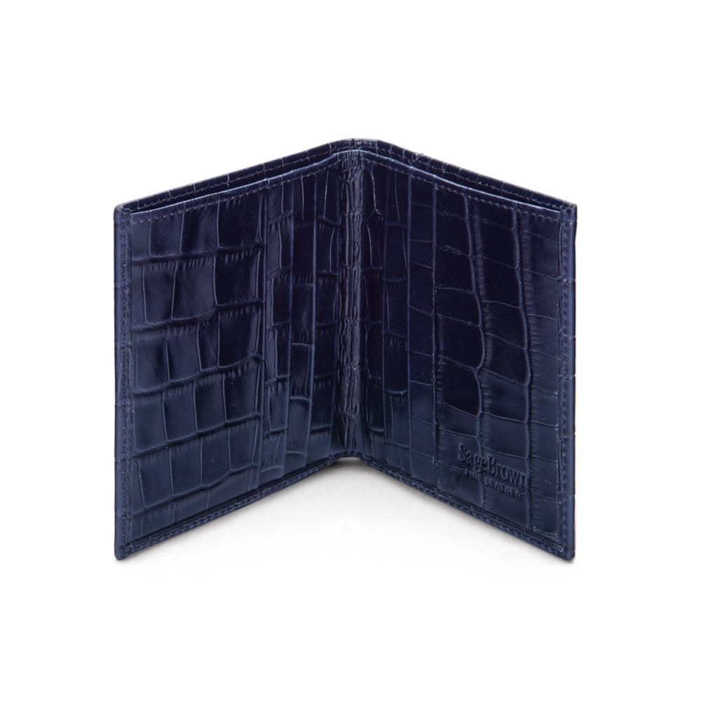 Leather compact billfold wallet 6CC, navy croc, open