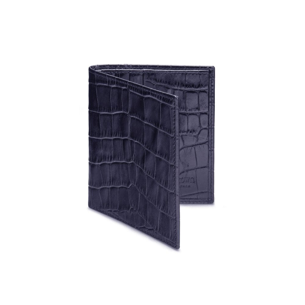 Leather compact billfold wallet 6CC, navy croc, front