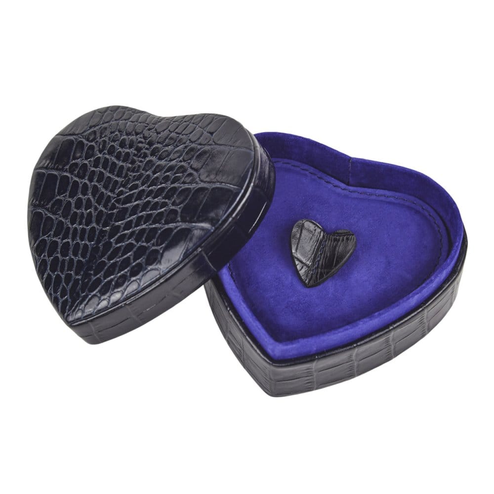 Leather heart shaped jewellery box, navy croc, open