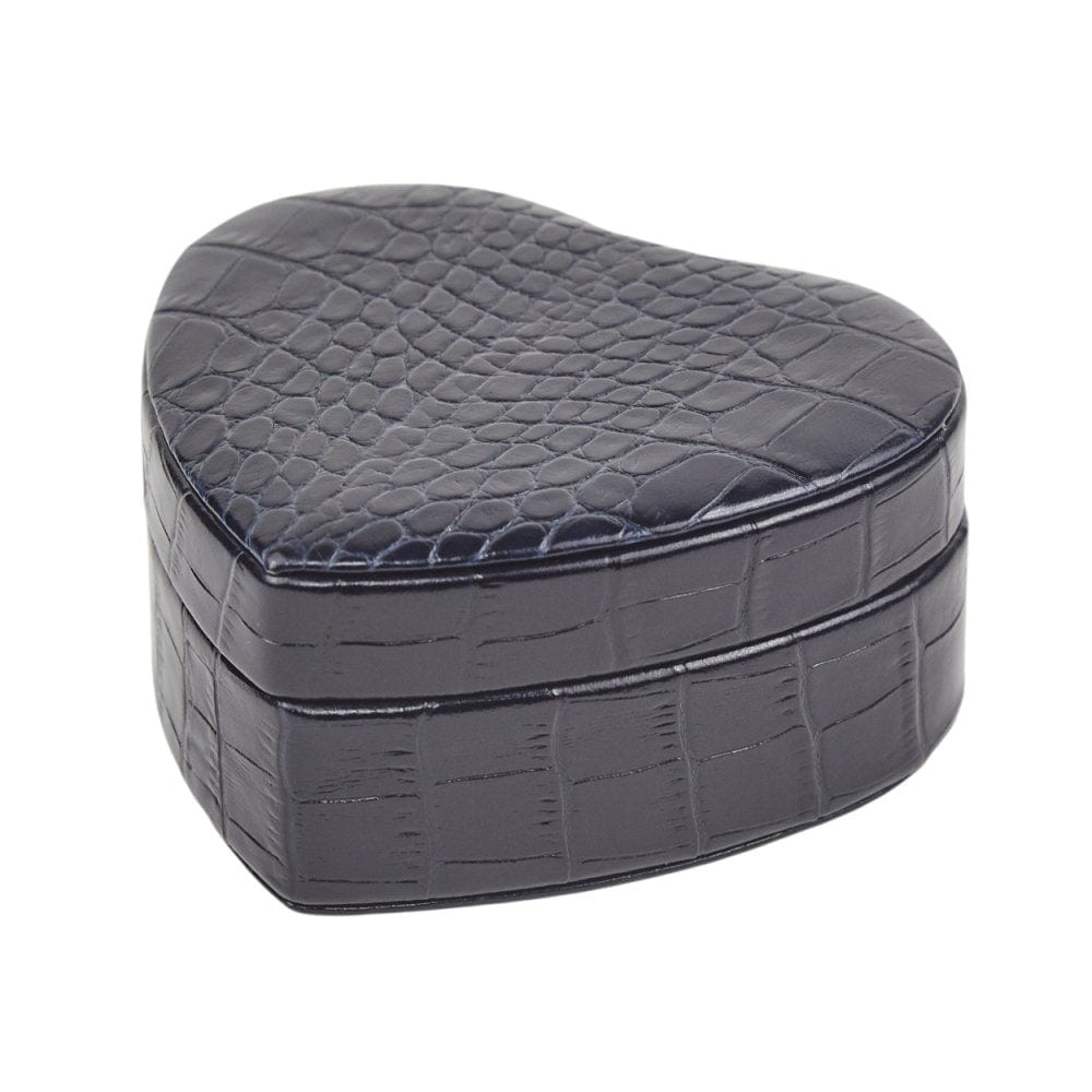 Leather heart shaped jewellery box, navy croc, side