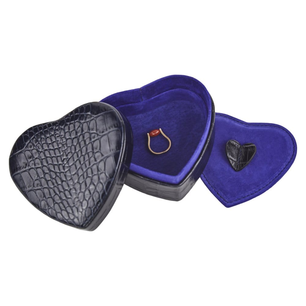 Leather heart shaped jewellery box, navy croc, inside