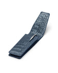 Leather pen case, navy croc, open