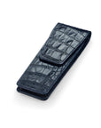 Leather pen case, navy croc, side