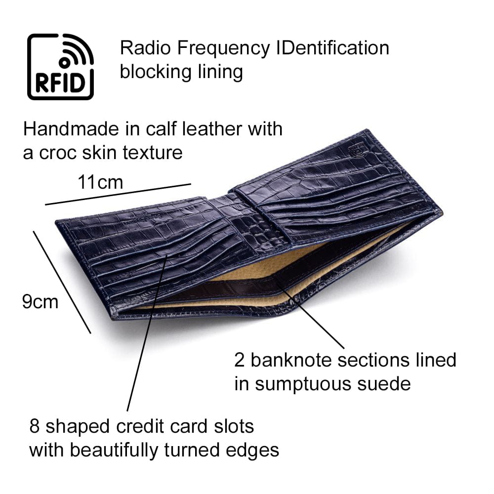 RFID leather wallet for men, navy croc, features
