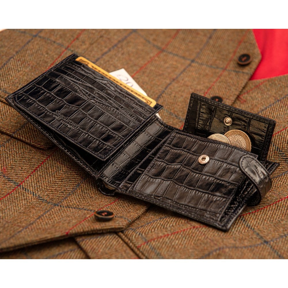 Leather wallet with coin purse, ID and tab closure, navy croc, lifestyle