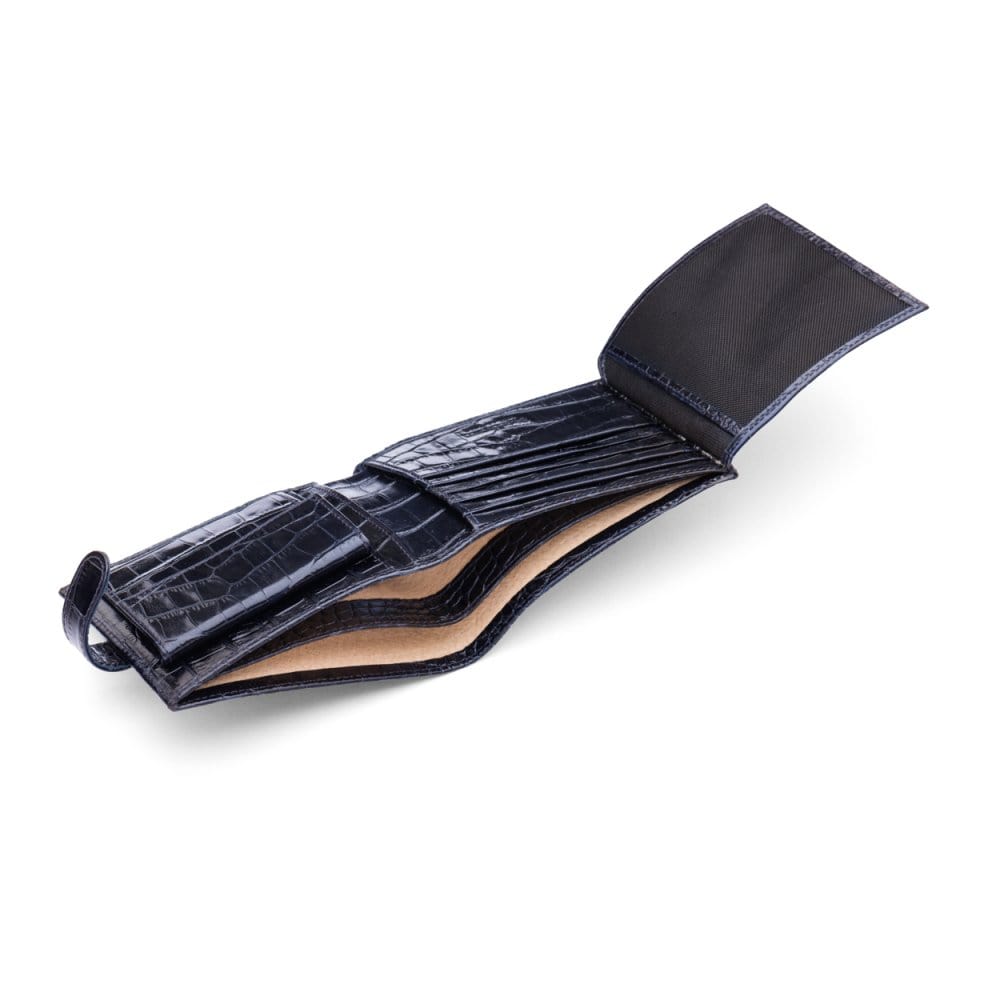 Leather wallet with coin purse, ID and tab closure, navy croc, inside