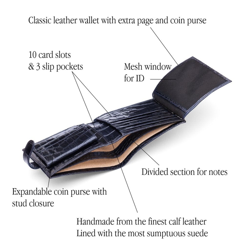 Leather wallet with coin purse, ID and tab closure, navy croc, features