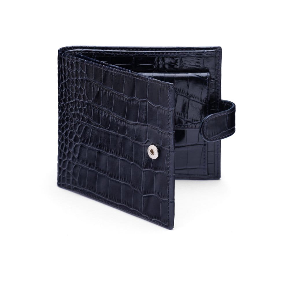 Leather wallet with coin purse, ID and tab closure, navy croc, front