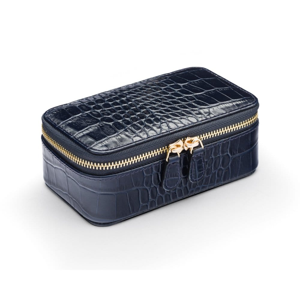 Zip around jewellery case, navy croc, front
