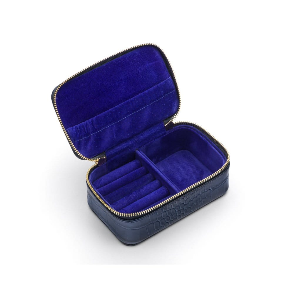 Zip around jewellery case, navy croc, open
