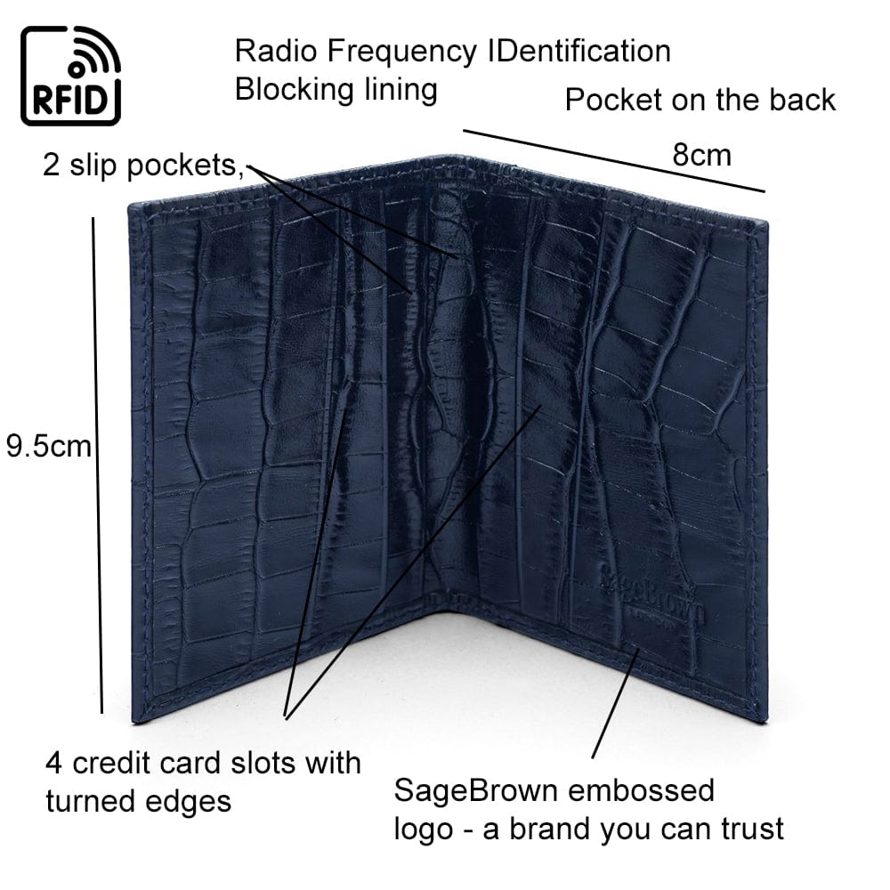 RFID leather credit card holder, navy croc, features