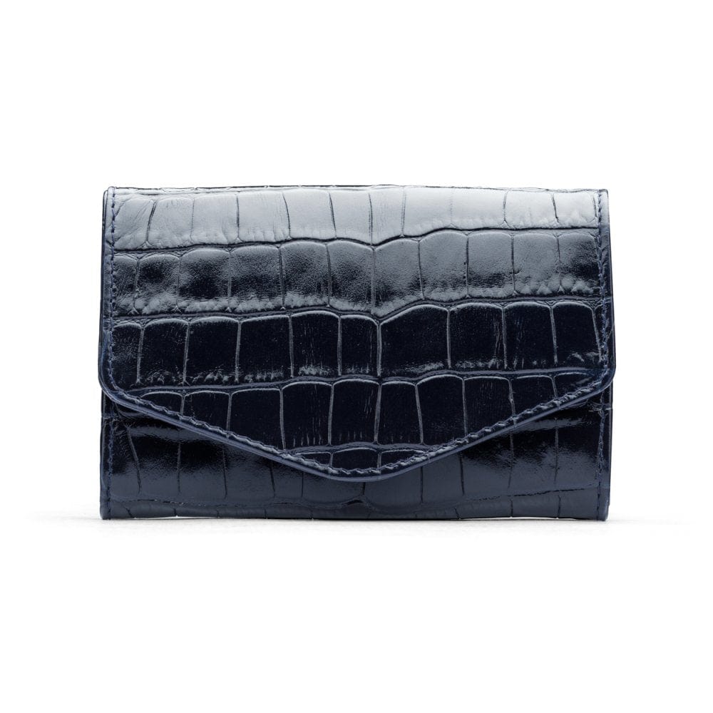 Small leather concertina purse, navy croc, front