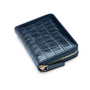 Small leather zip around accordion coin purse, navy croc, front