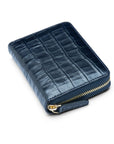 Small leather zip around accordion coin purse, navy croc, front
