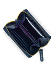 Small leather zip around accordion coin purse, navy croc, interior