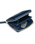 Small leather zip around accordion coin purse, navy croc, open