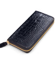 Tall leather zip around accordion purse, navy croc, front