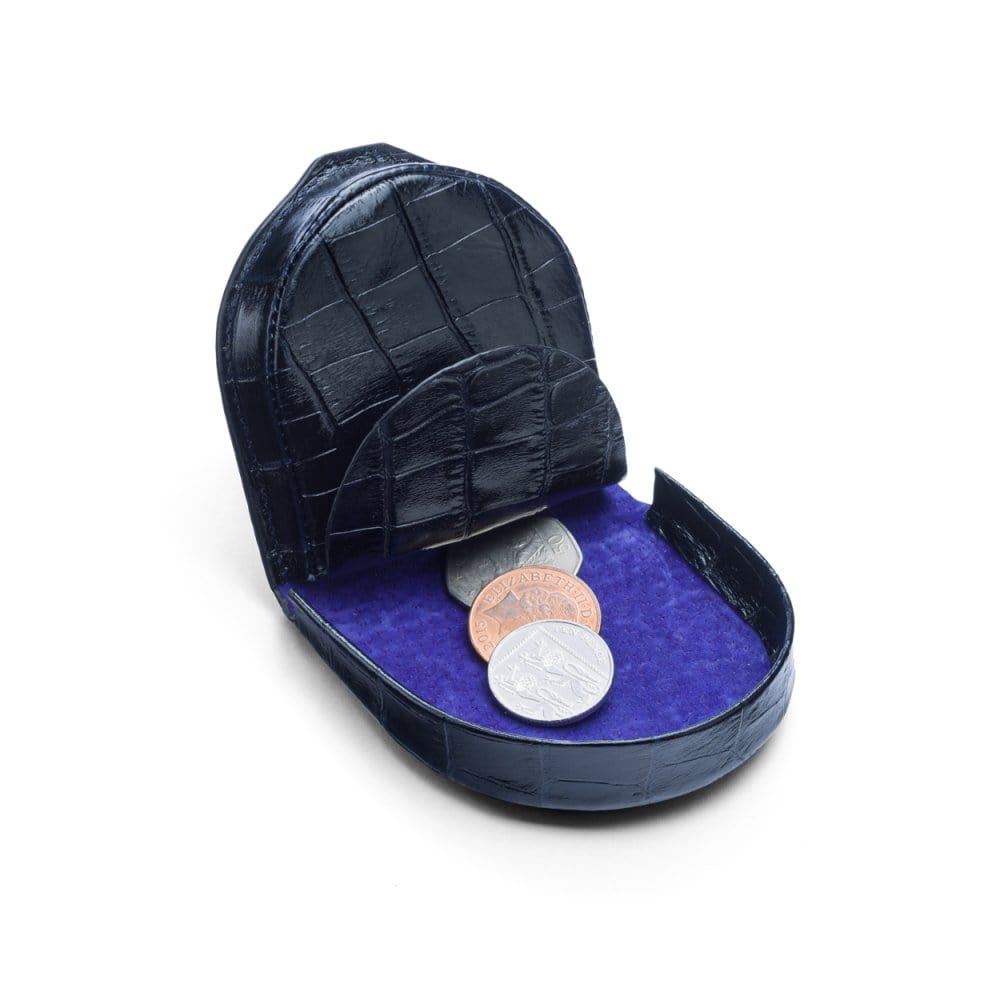 Leather horseshoe coin purse, navy croc, open