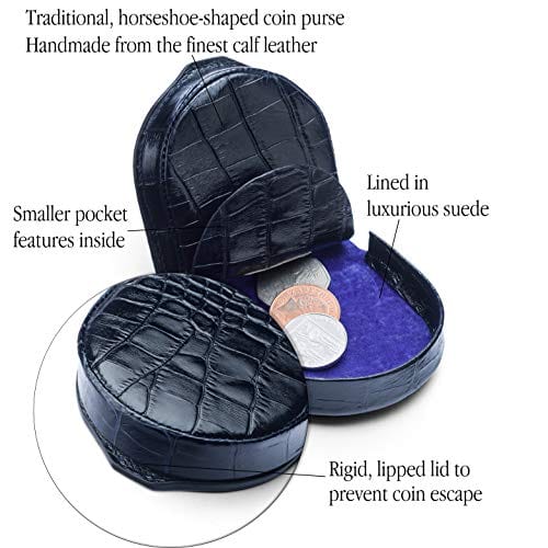 Leather horseshoe coin purse, navy croc, features