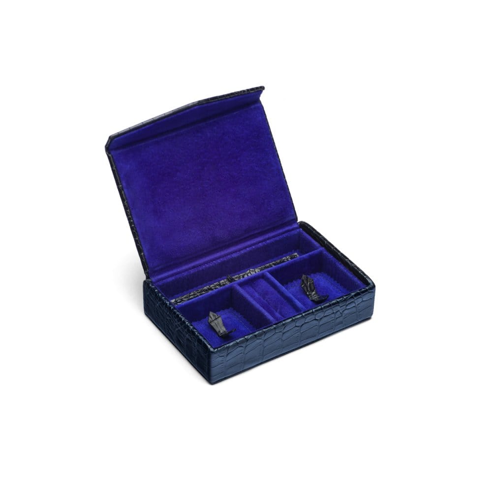 Luxury leather jewellery box, navy croc, inside
