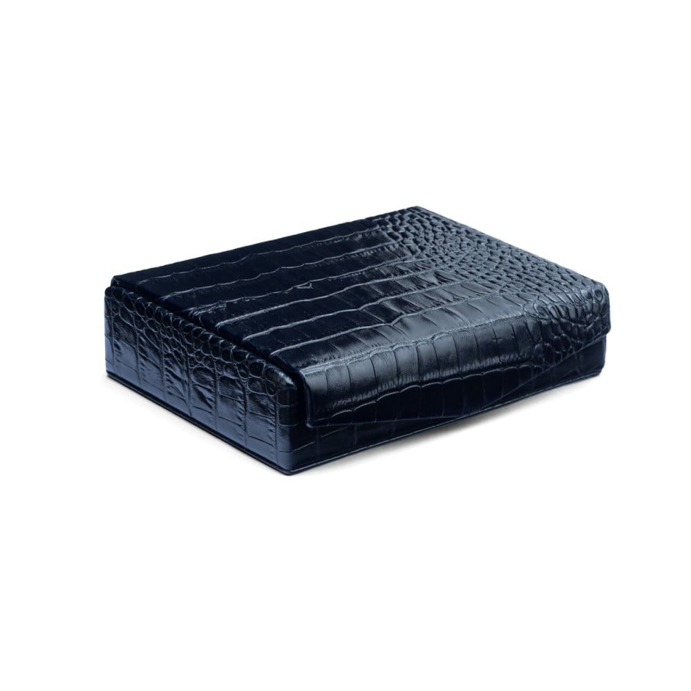 Luxury leather jewellery box, navy croc, front