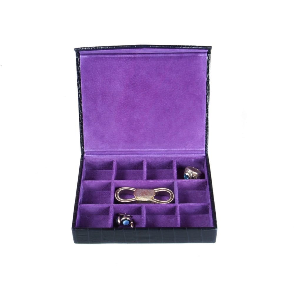 Navy Croc With Purple Men's Large Leather Cufflink Box