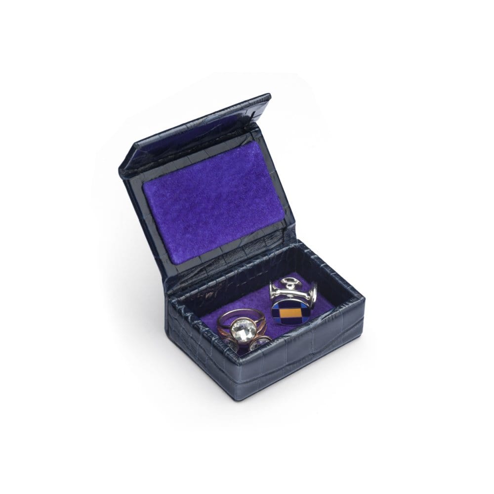 Mini leather accessory box, navy croc, inside