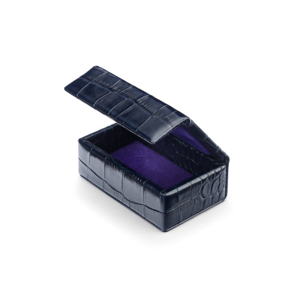 Mini leather accessory box, navy croc, open