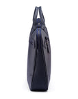 16" slim leather laptop bag, navy, side trapeze view