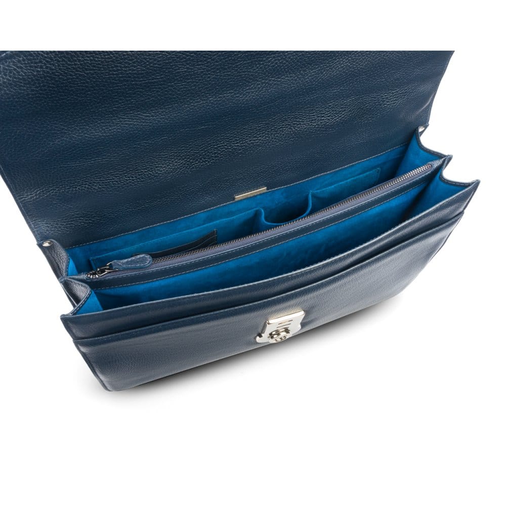 Leather briefcase with silver lock, Harvard, navy pebble grain, inside