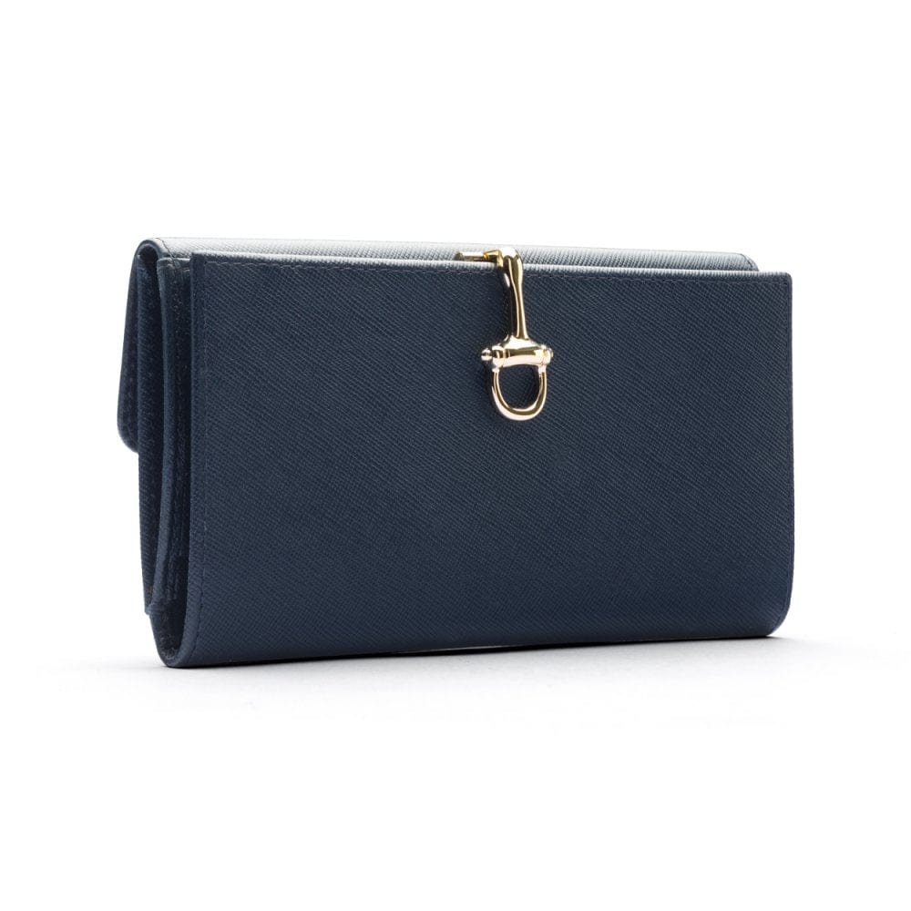 Navy Ladies Tall Leather Purse With Brass Clasp 8 CC