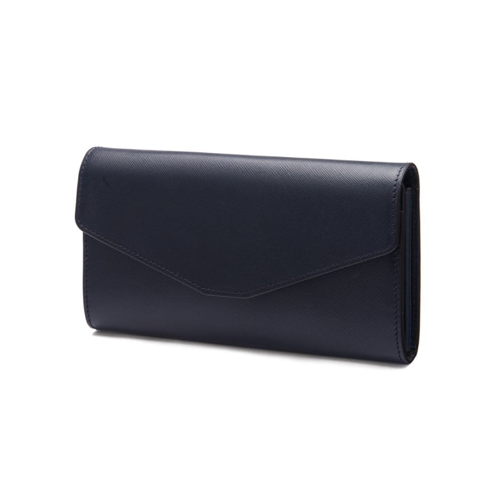 Leather accordion clutch purse with 12 card slots, navy saffiano, front