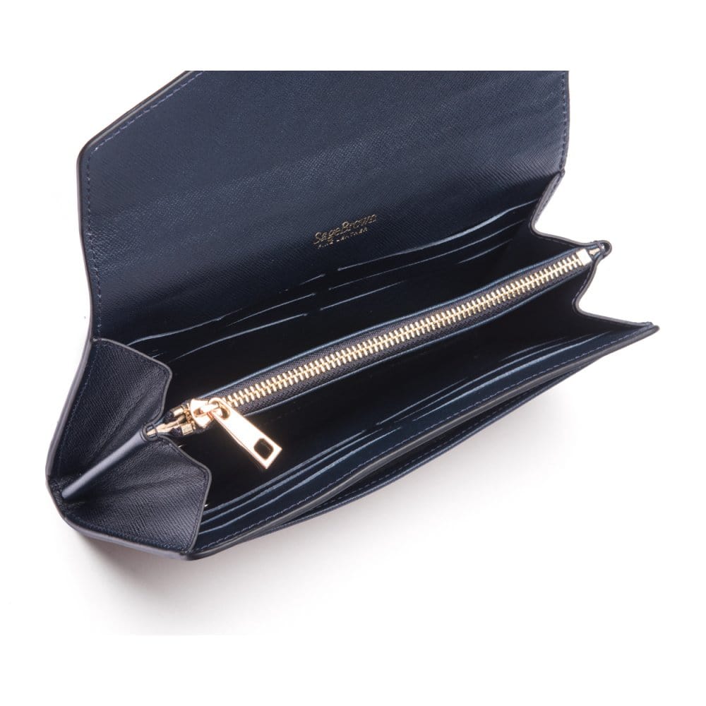 Leather accordion clutch purse with 12 card slots, navy saffiano, inside