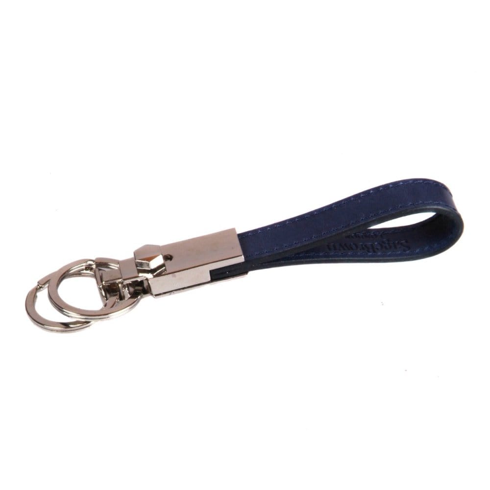Leather detachable key ring, navy, front