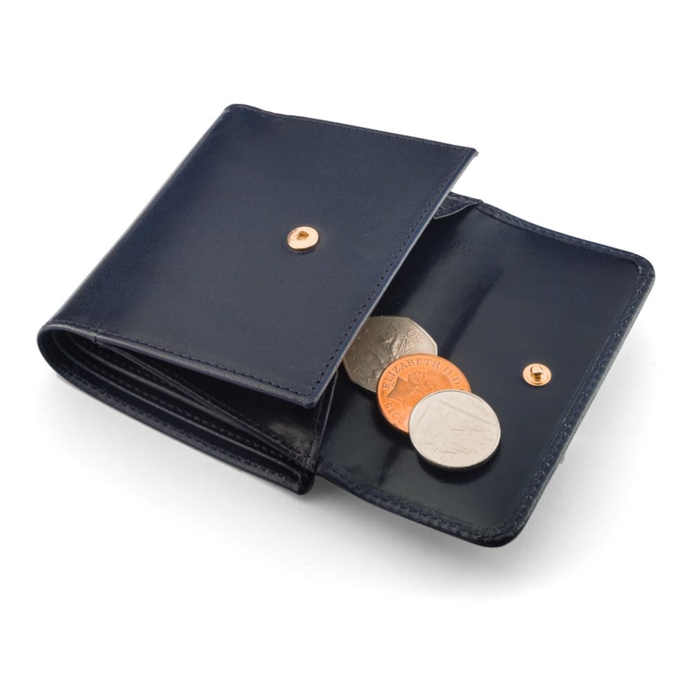 Leather purse with brass clasp, navy, open