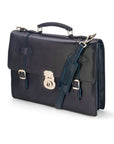 Leather Cambridge satchel briefcase with silver brass lock, navy, side