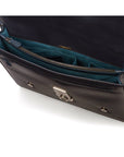 Leather Cambridge satchel briefcase with silver brass lock, navy, inside