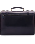 Leather Cambridge satchel briefcase with silver brass lock, navy, back